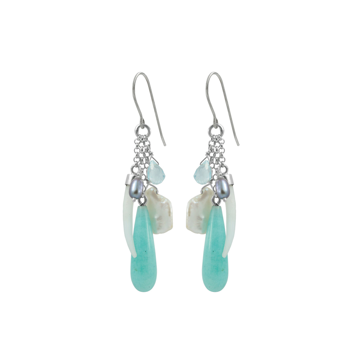 Sterling Silver Earring With Amozonite Drop, Pearl, White Tusk Shell Hanging On Chain