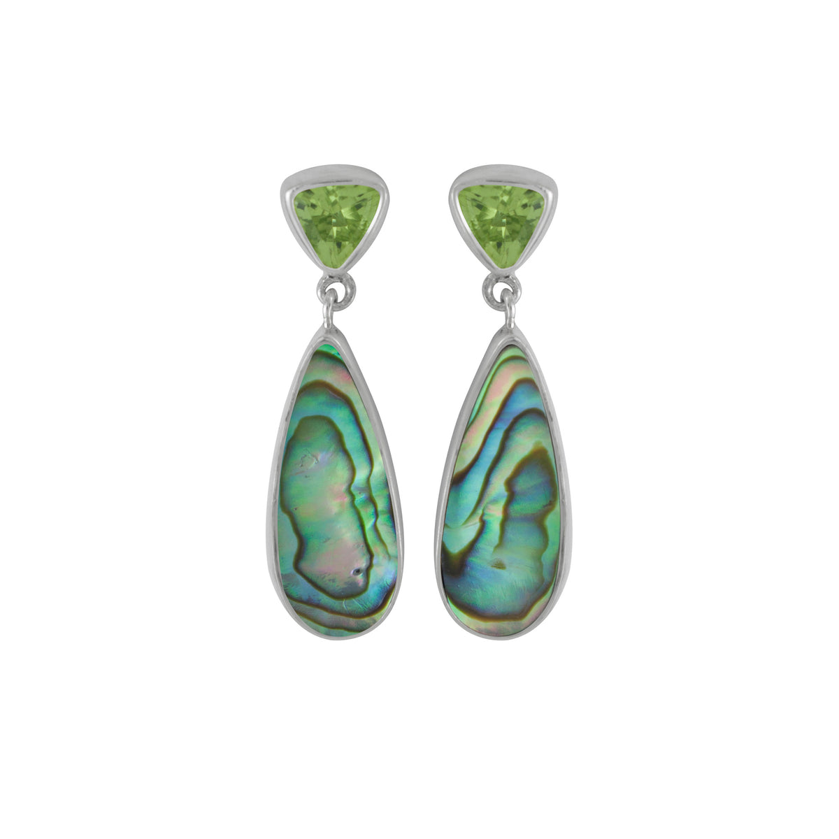 Sterling Silver Earring With Peridot Tri Angle Facet, Paua Tongue Drop