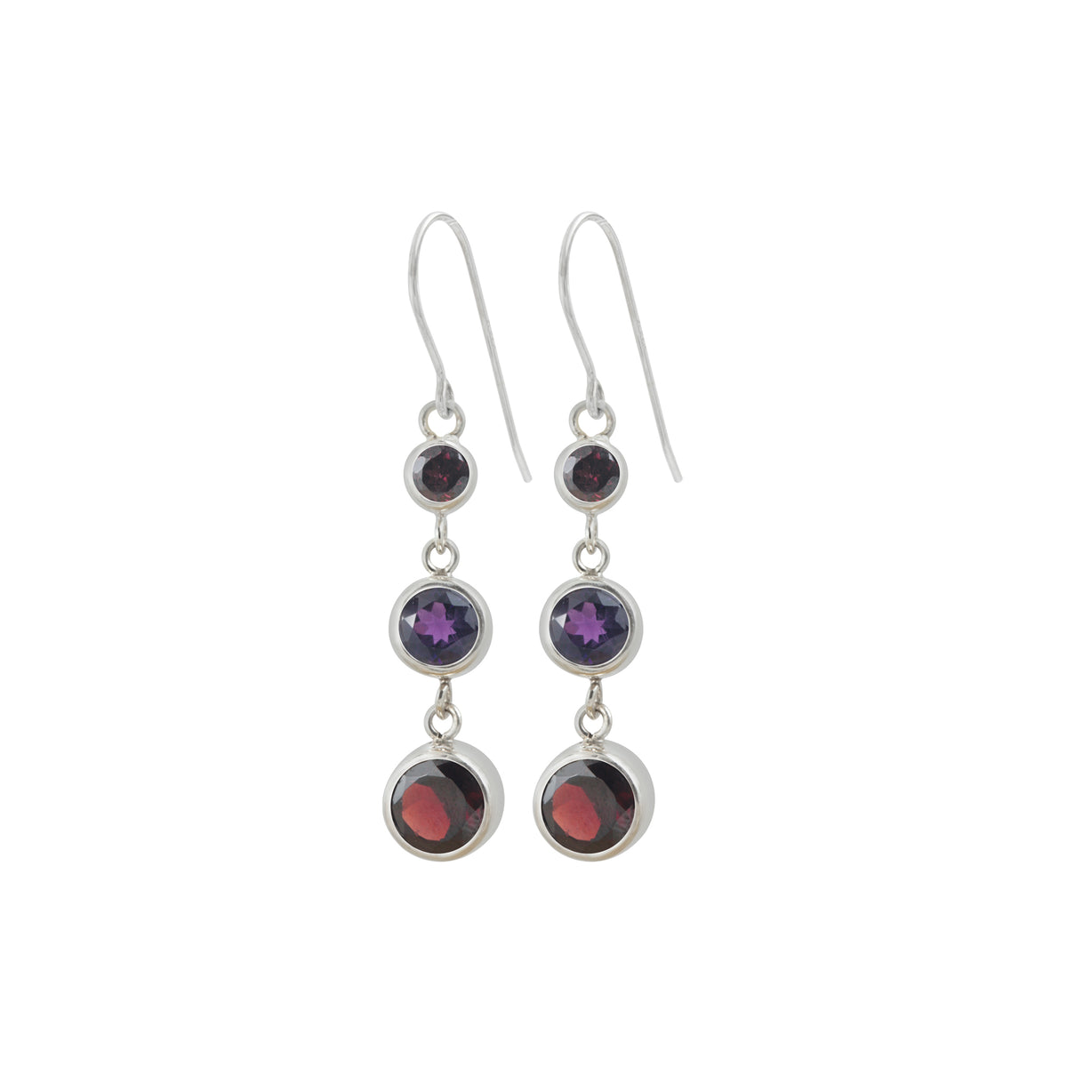 Sterling Silver Earring With Amethyst, Garnet Round Facet