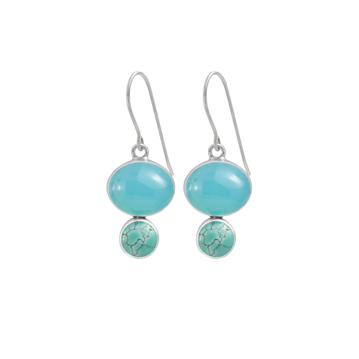 Sterling Silver Earring With Ocean Chalcidny oval, Turquoise Round
