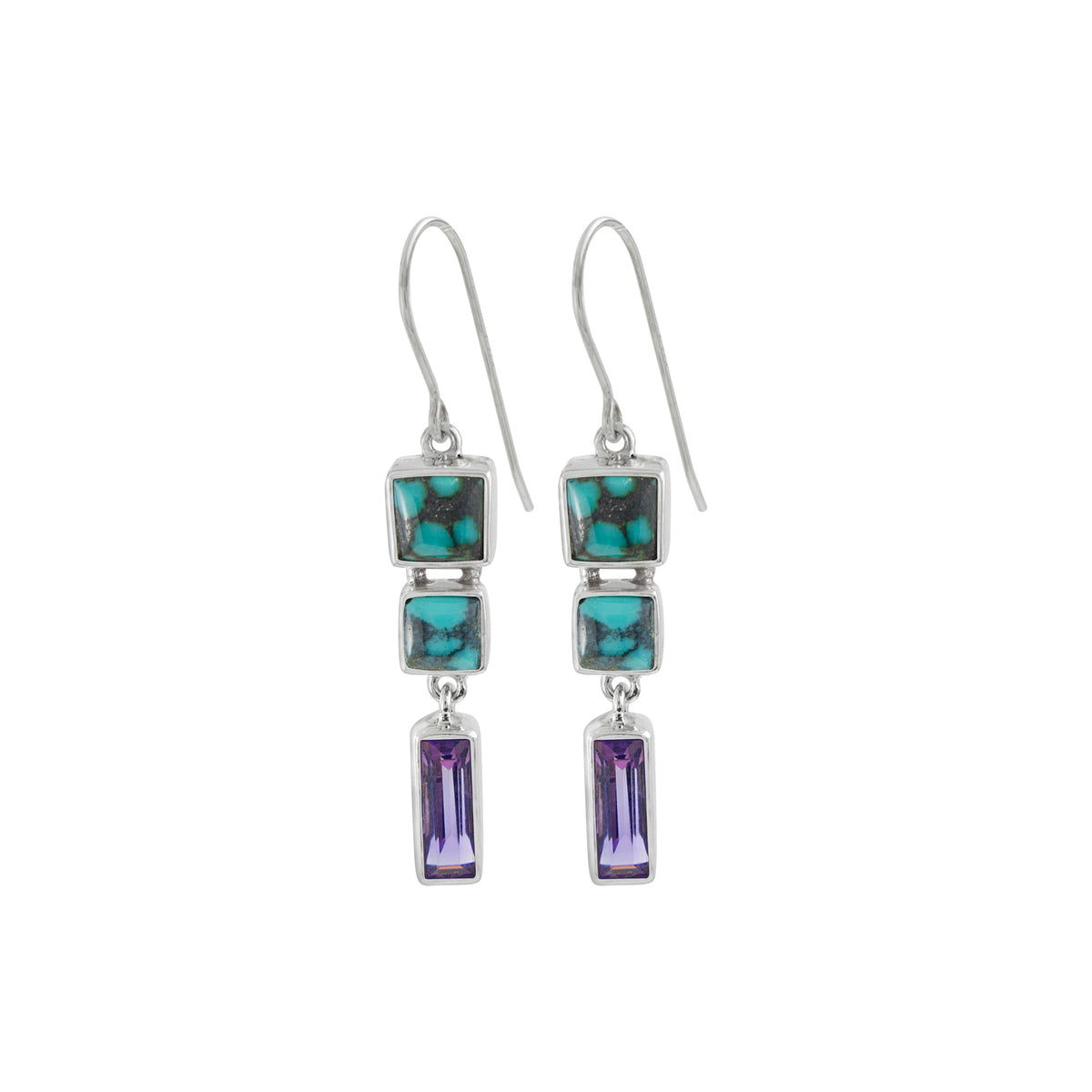 Sterling Silver Earring With 2 Turqouise Square And Amethyst Rectangle Facet