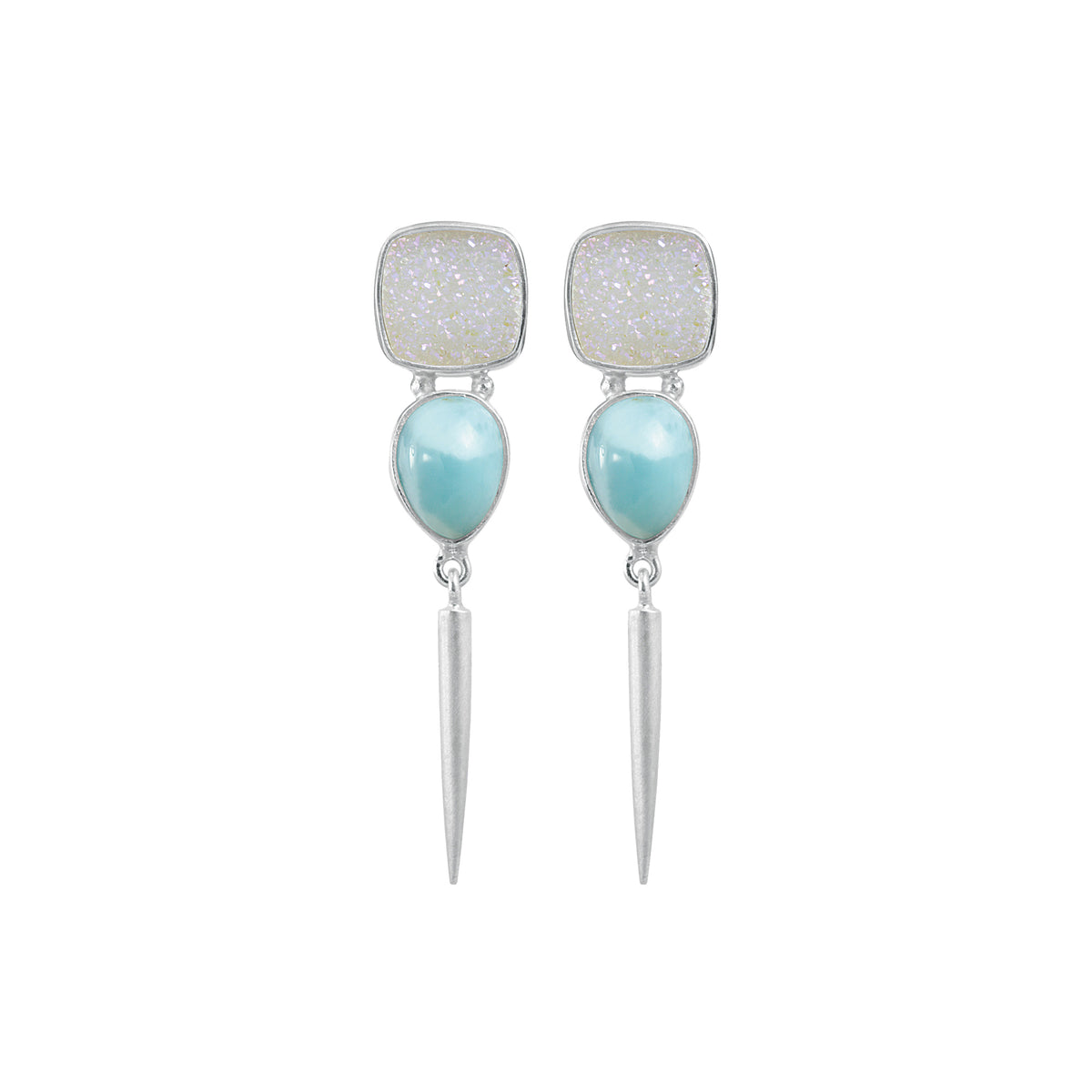 Sterling Silver Earring With Druzy Opal Square, Larimar Pear