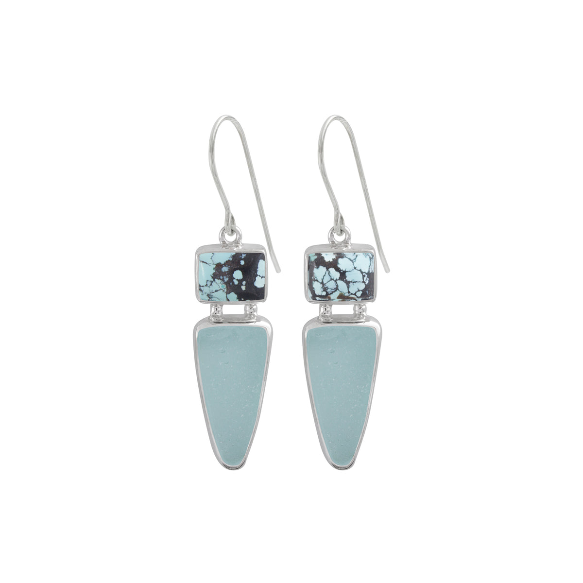 Sterling Silver Earring With Turquoise Rectangle, Sea Glass Aqua Drop
