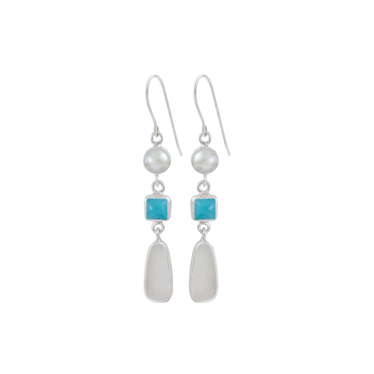 Sterling Silver Earring With Pearl, Sea Glass &amp; Turquoise
