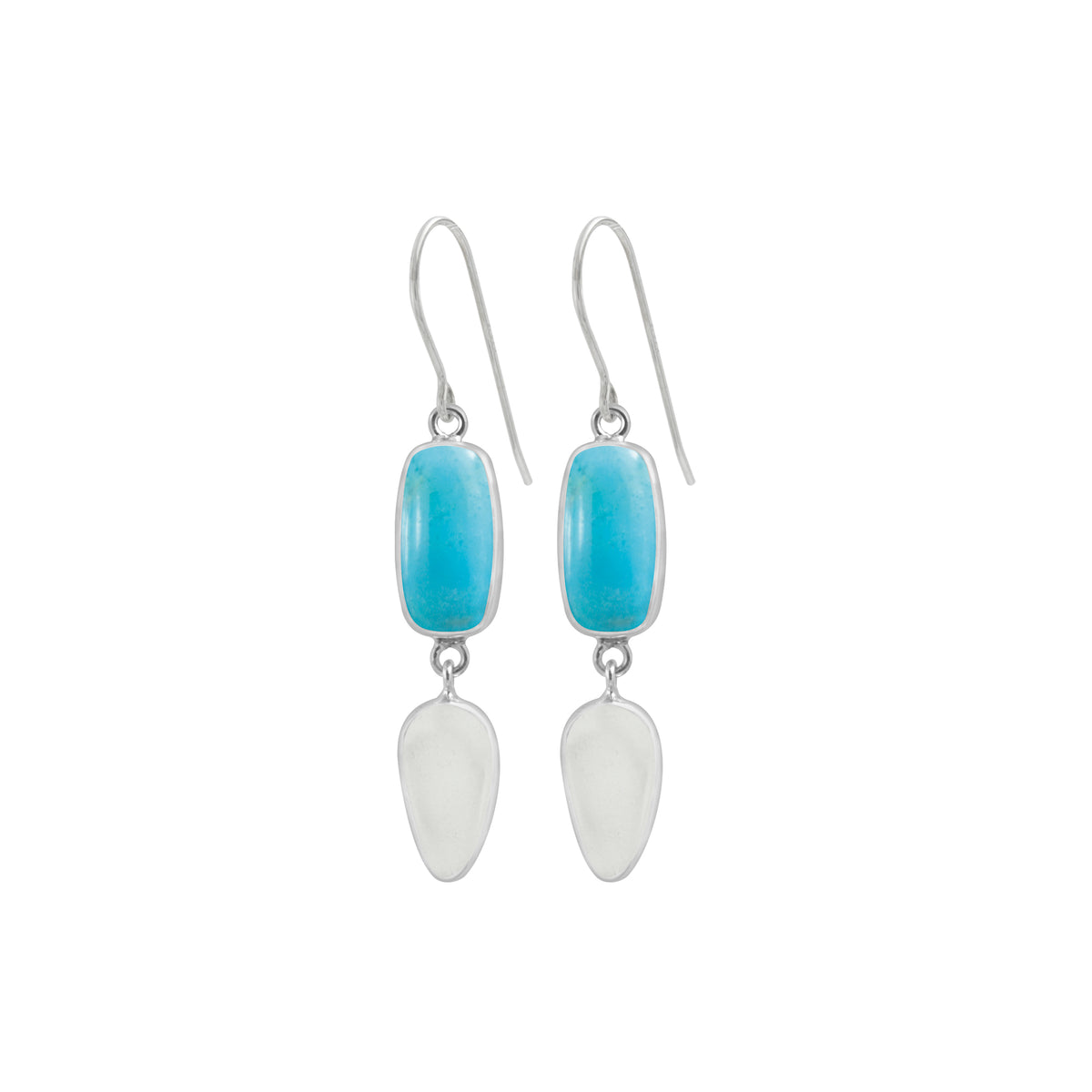 Sterling Silver Earring With Turquoise Rectangle, Sea Glass White Baby Drop