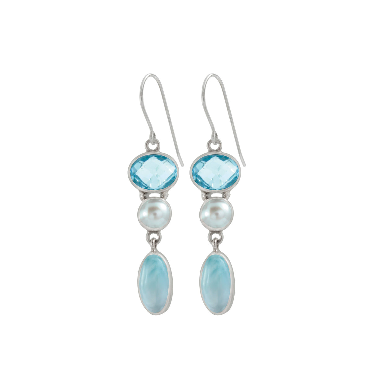 Sterling Silver Earring With Blue Topaz Oval Brio, Pearl, Larimar Oval
