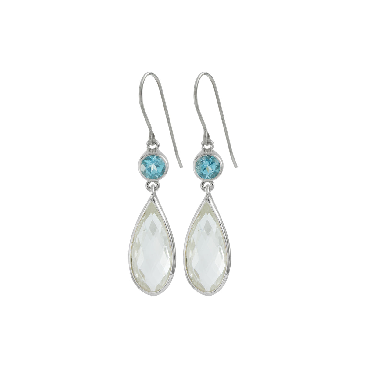 Sterling Silver Earring With Blue Topaz Round Facet, Crystal Quartz Pear Checker Drop