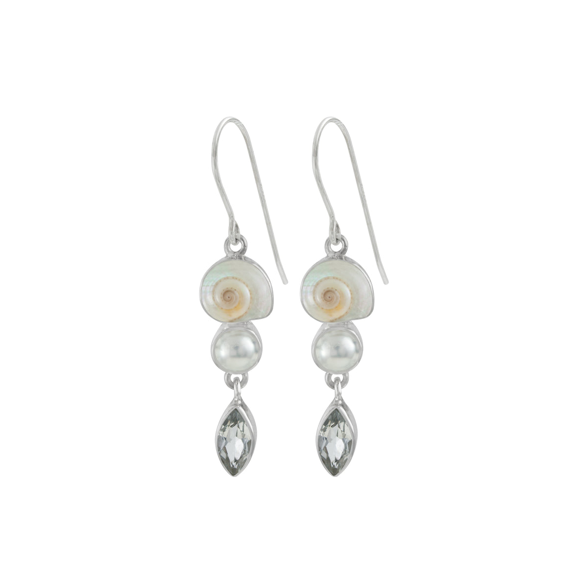 Sterling Silver Earring With Shell Malabar Turbos, Pearl, White Cubic Marquise Facet