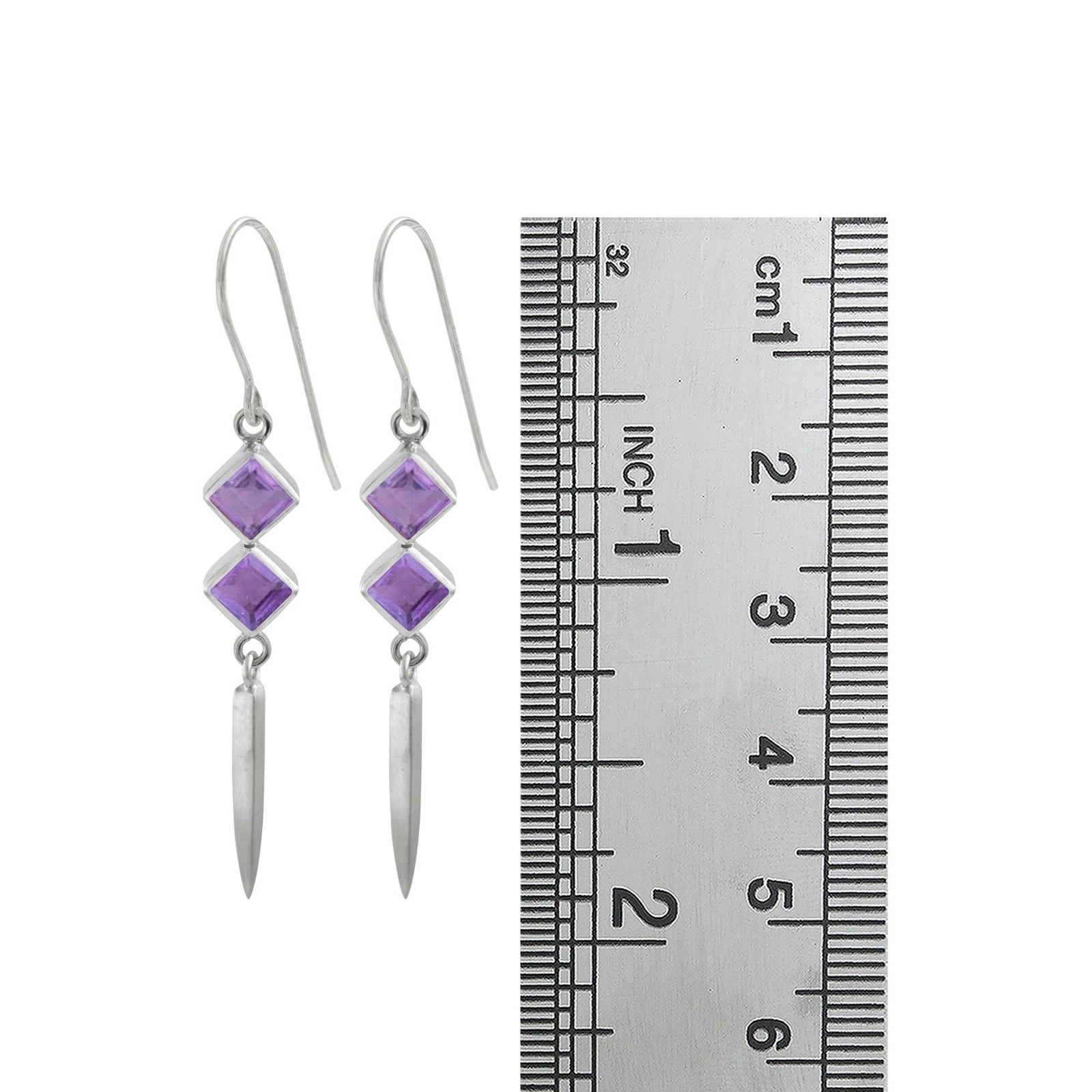 Sterling Silver Earring With 2 Amethyst Square Facet