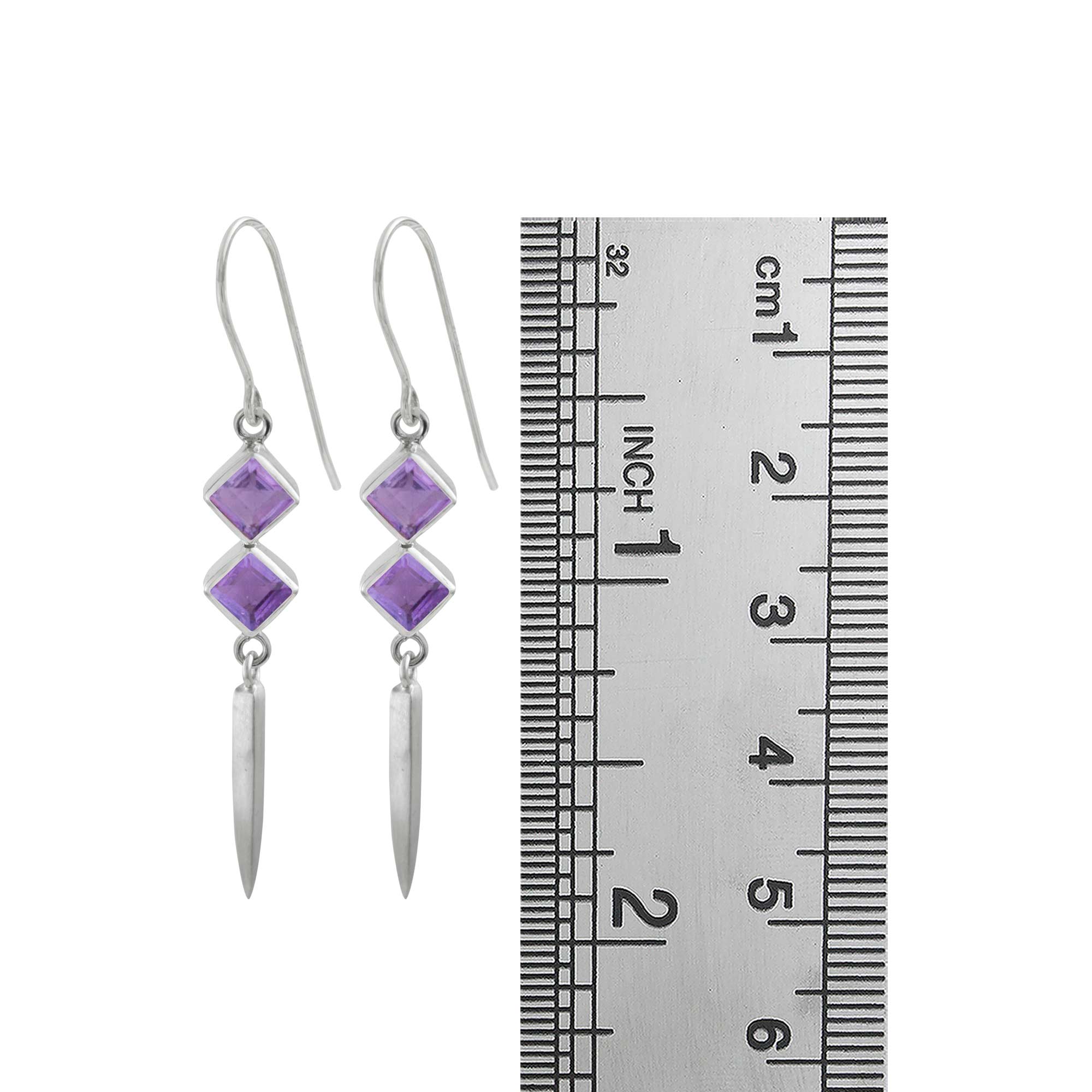 Sterling Silver Earring With 2 Amethyst Square Facet