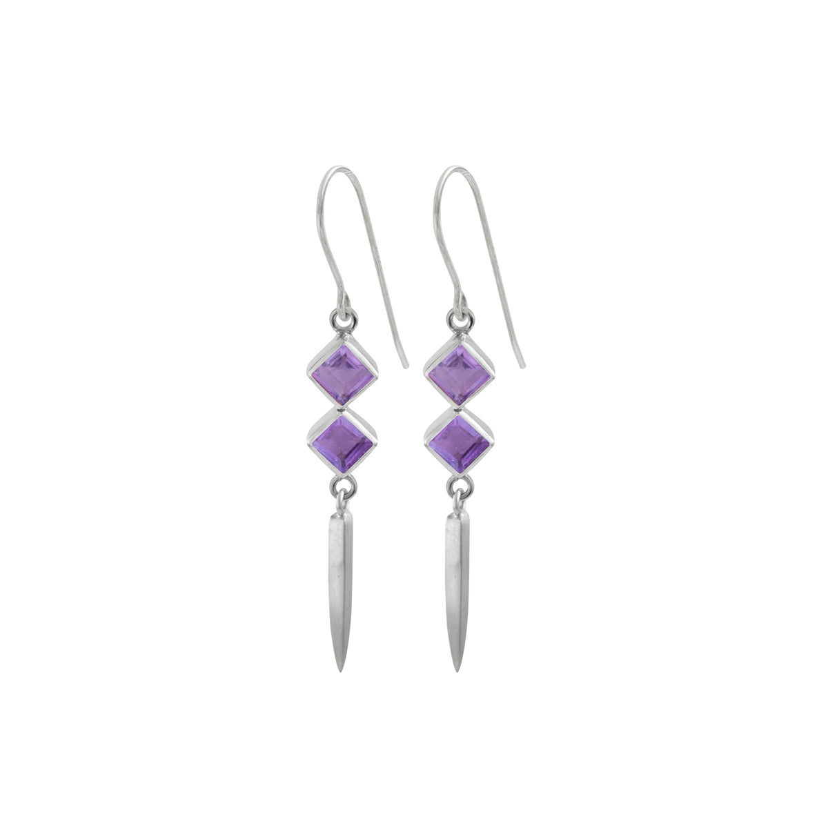 Sterling Silver Earring With 2 Amethyst Square Facet
