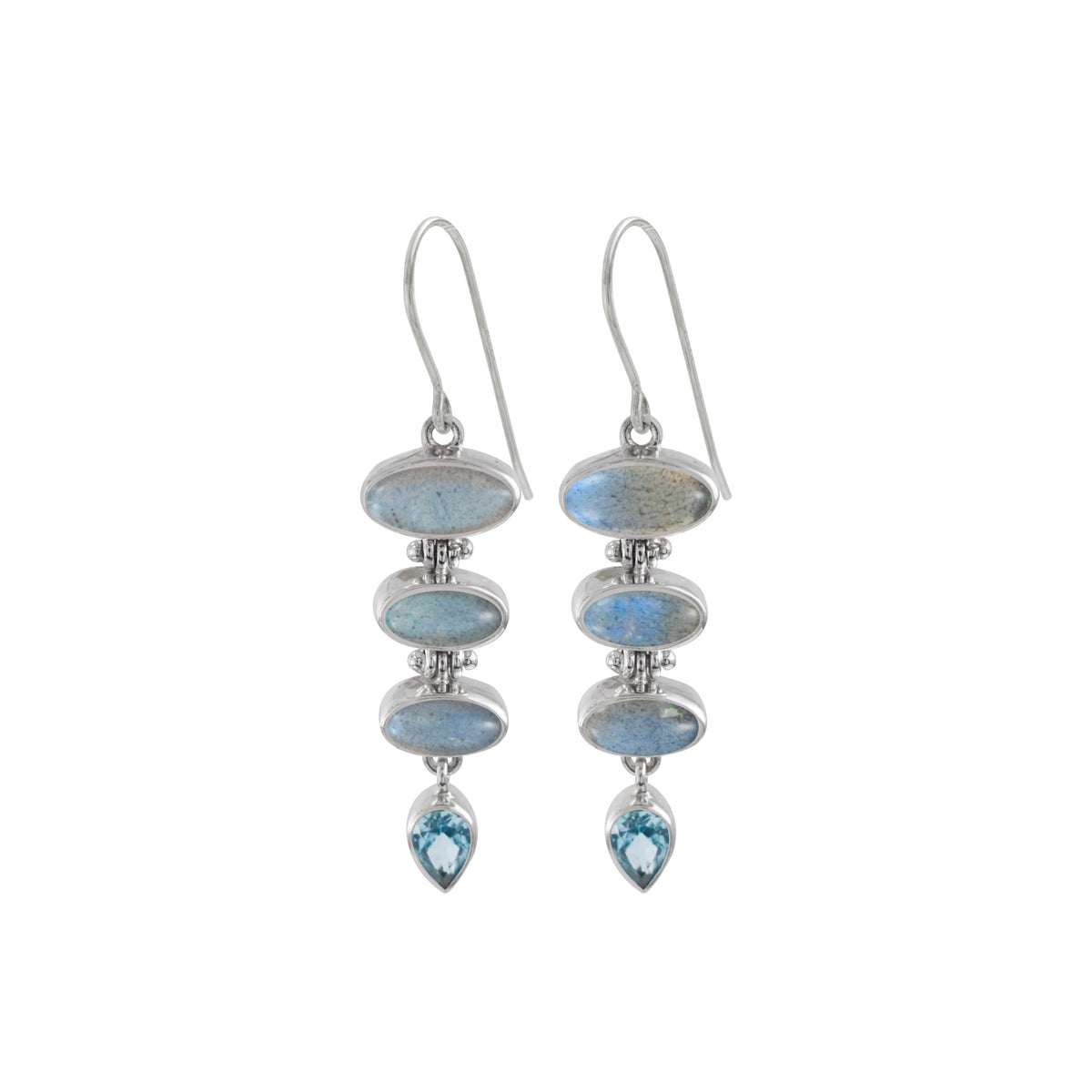 Sterling Silver Earring With 3 Labradorite Oval, Blue Topaz Pear Facet