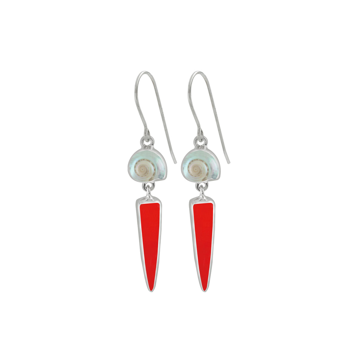 Sterling Silver Earring With Shell Malabar Turbos, Sea Glass Red Drop