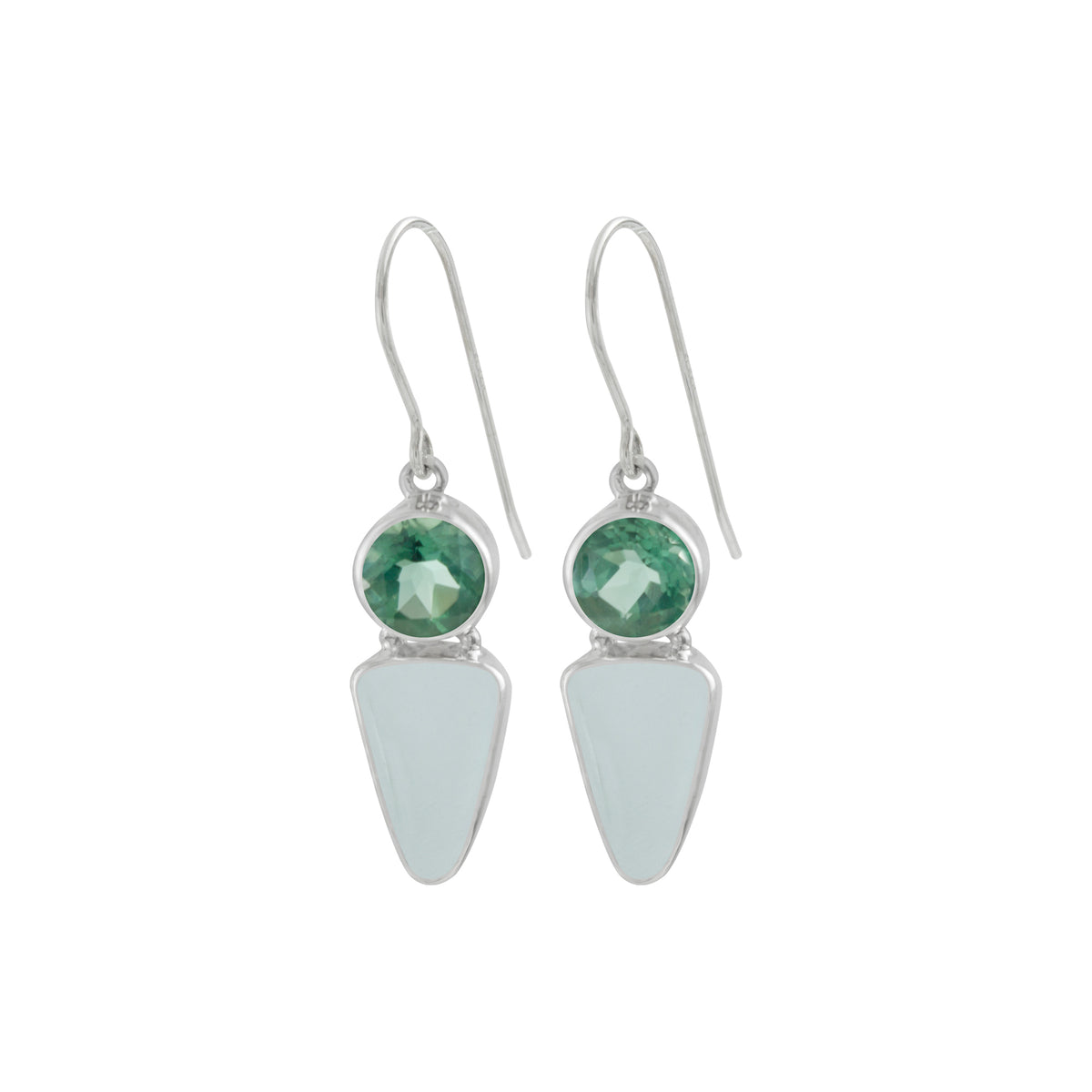 Sterling Silver Earring With Green Quartz Round Facet, Sea Glass Aqua