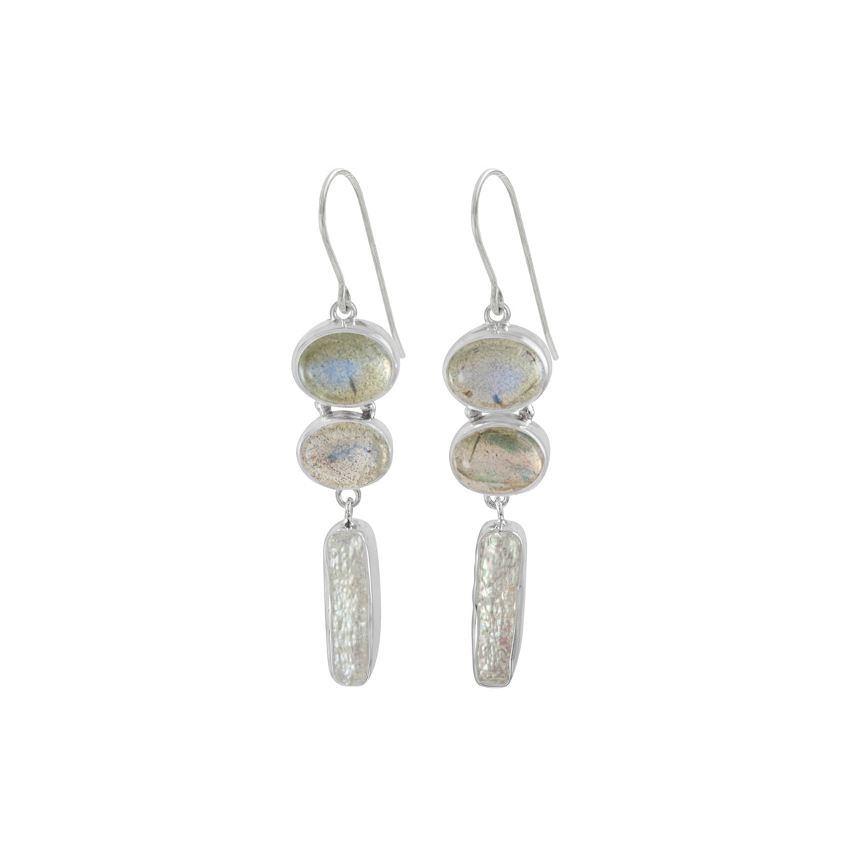 Sterling Silver Earring With 2 Labradorite Oval, Pearl Drop