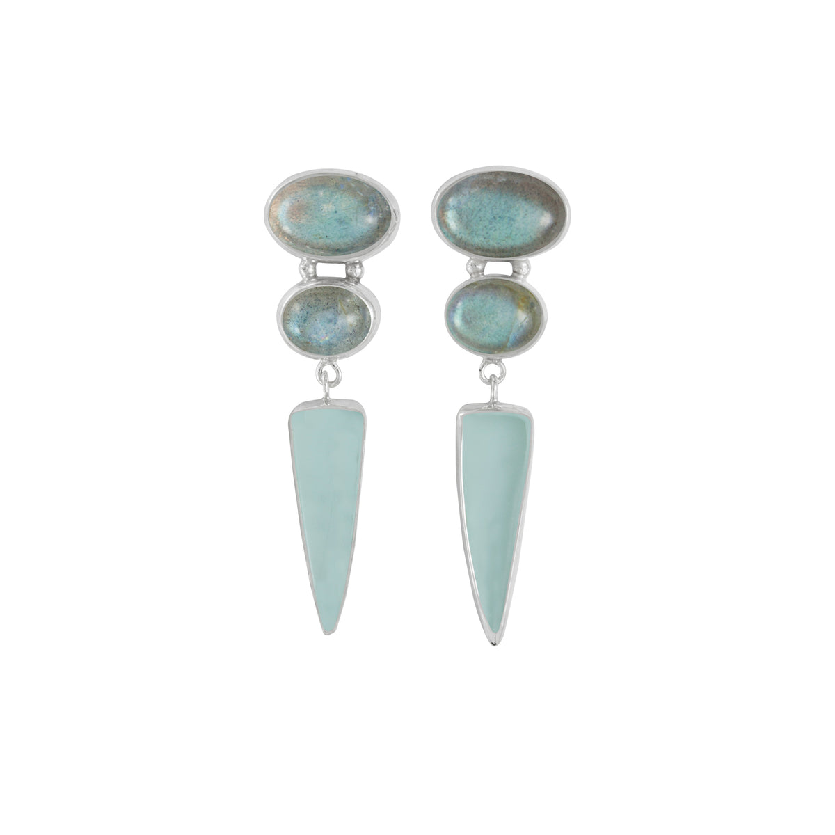 Sterling Silver Earring With 2 Labradorite Oval, Sea Glass Aqua Drop