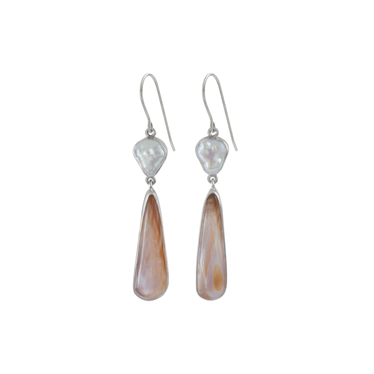 Sterling Silver Earring With Pearl White Keishi, Tooth Shell Pink