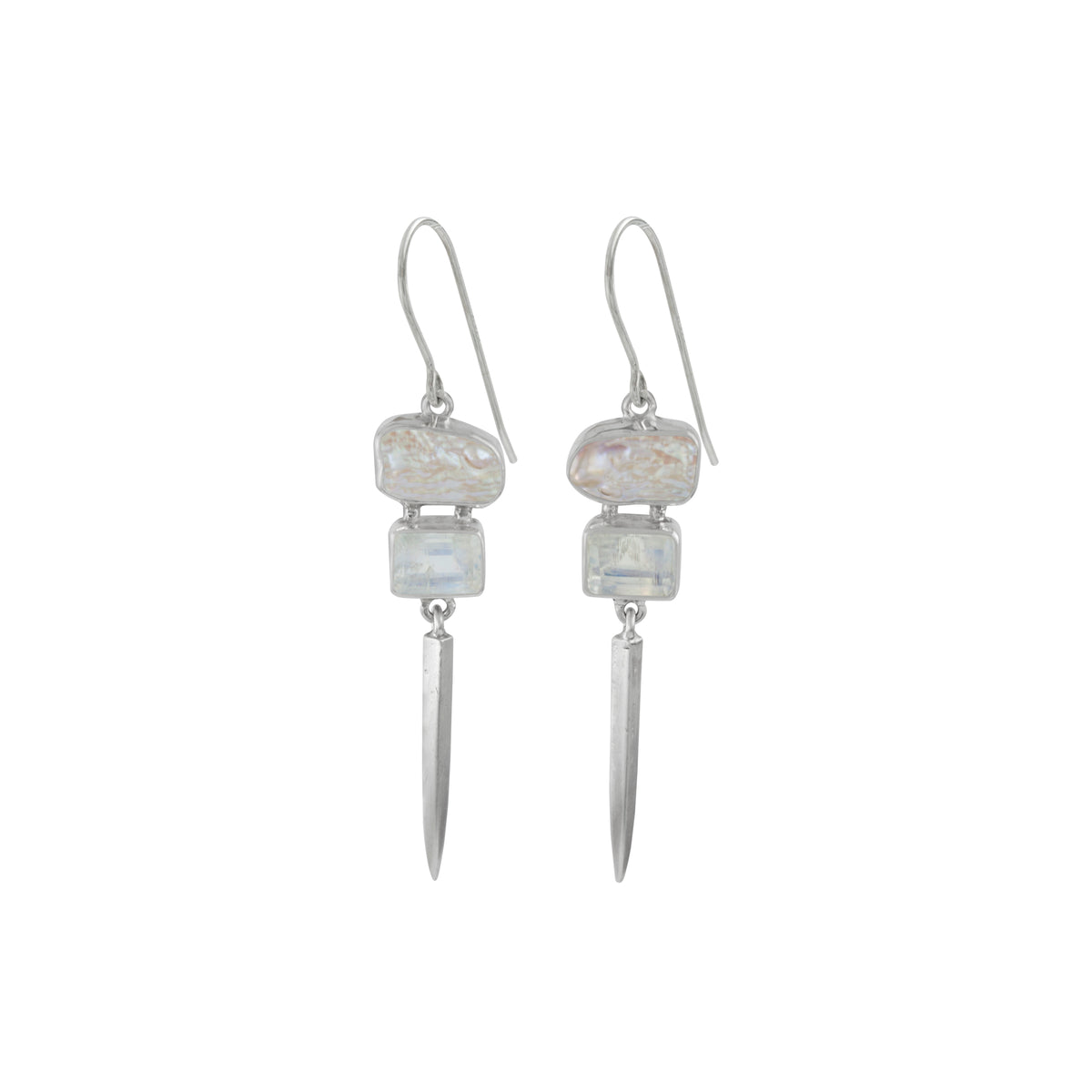 Sterling Silver Earring With Pearl Bronze, Rainbowmoon Stone Rectanggle Facet