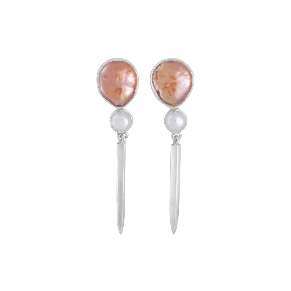 Sterling Silver Earring With Pearl Copper &amp; Pearl White Button Round