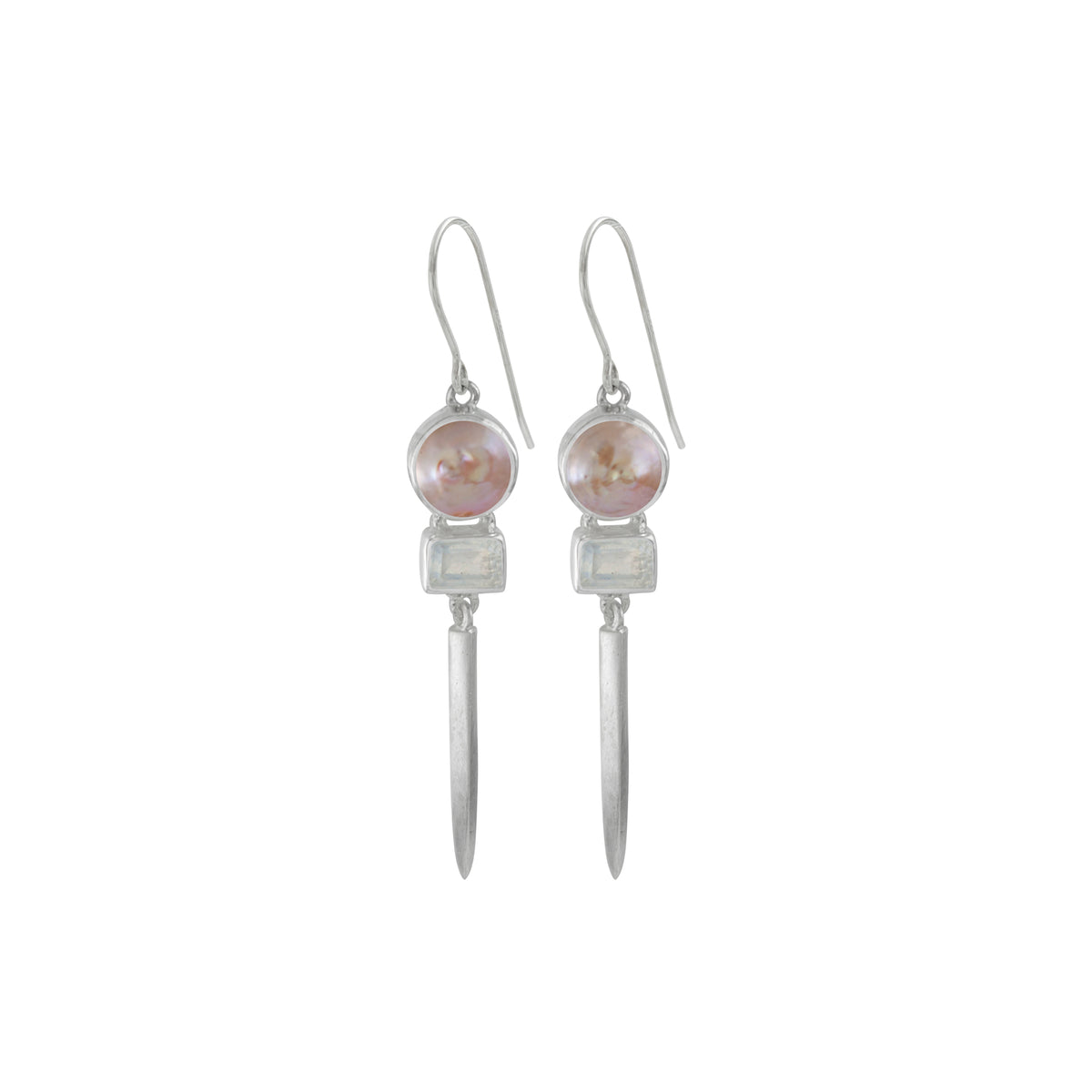 Sterling Silver Earring With Pearl Coin Peach, Rainbow Moonstone Rectangle Facet