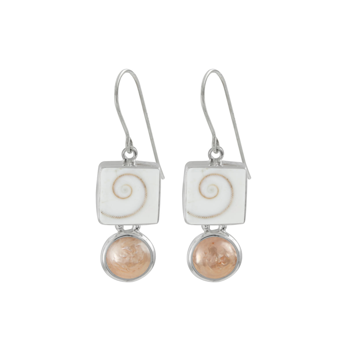 Sterling Silver Earring With Shell Spiral Square, Pearl Coin Peach