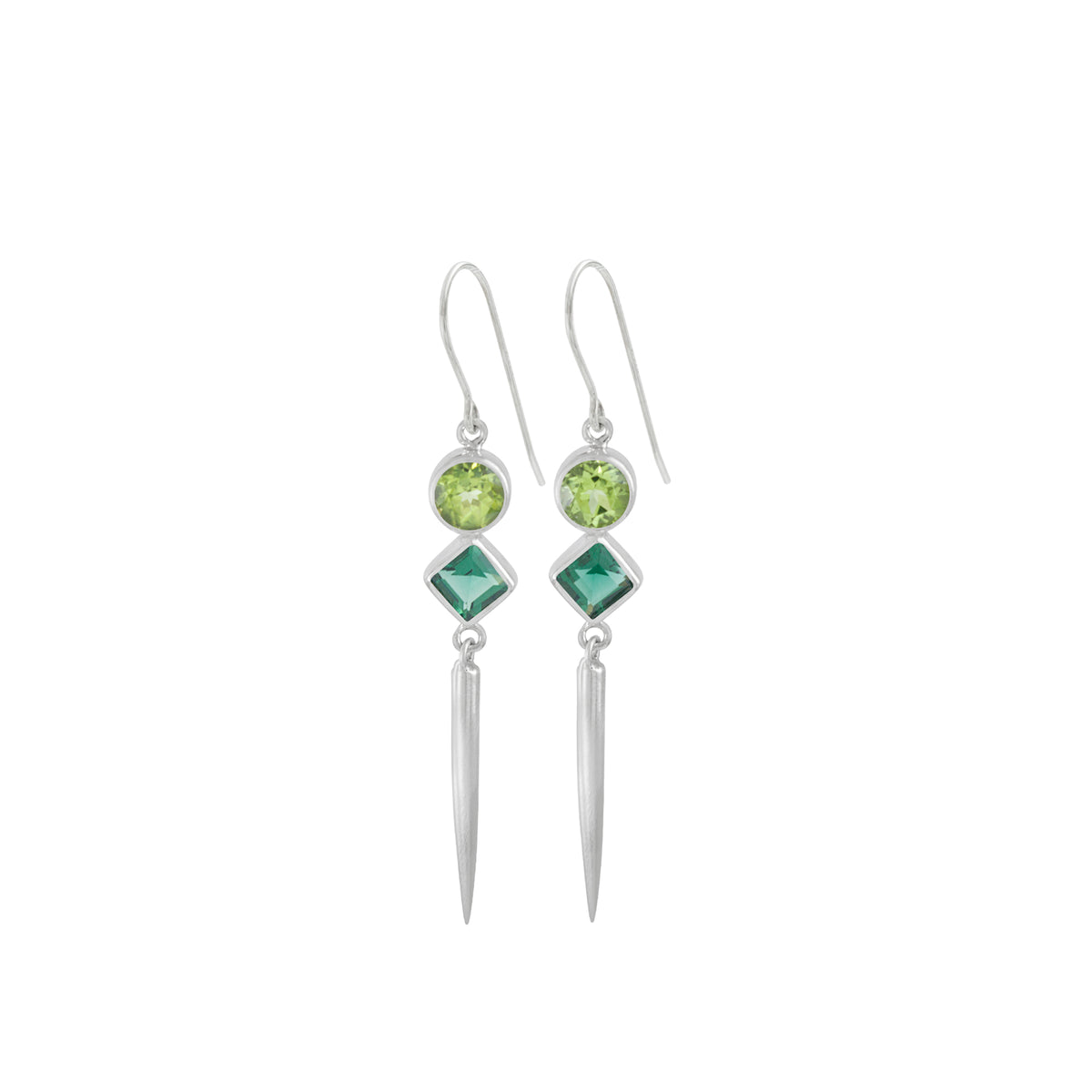 Sterling Silver Earring With Peridot Round Facet, Green Quartz Square Facet