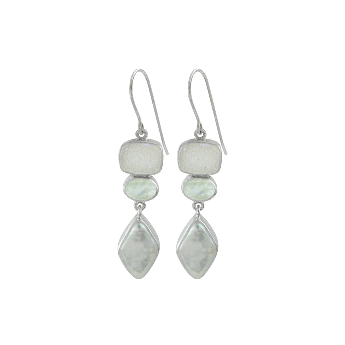 Exquisite Druze Rainbow Moonstone &amp; Pearl Earring