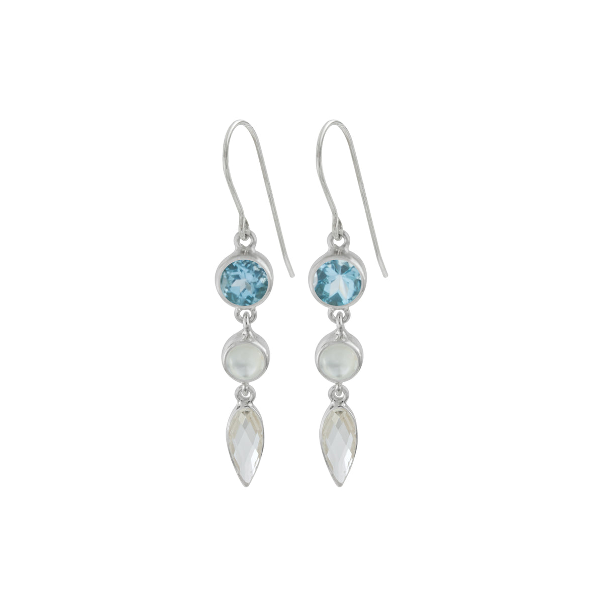 Sterling Silver Earring With Blue Topaz Round Facet, Mop Approx, Crystal Brio Drop