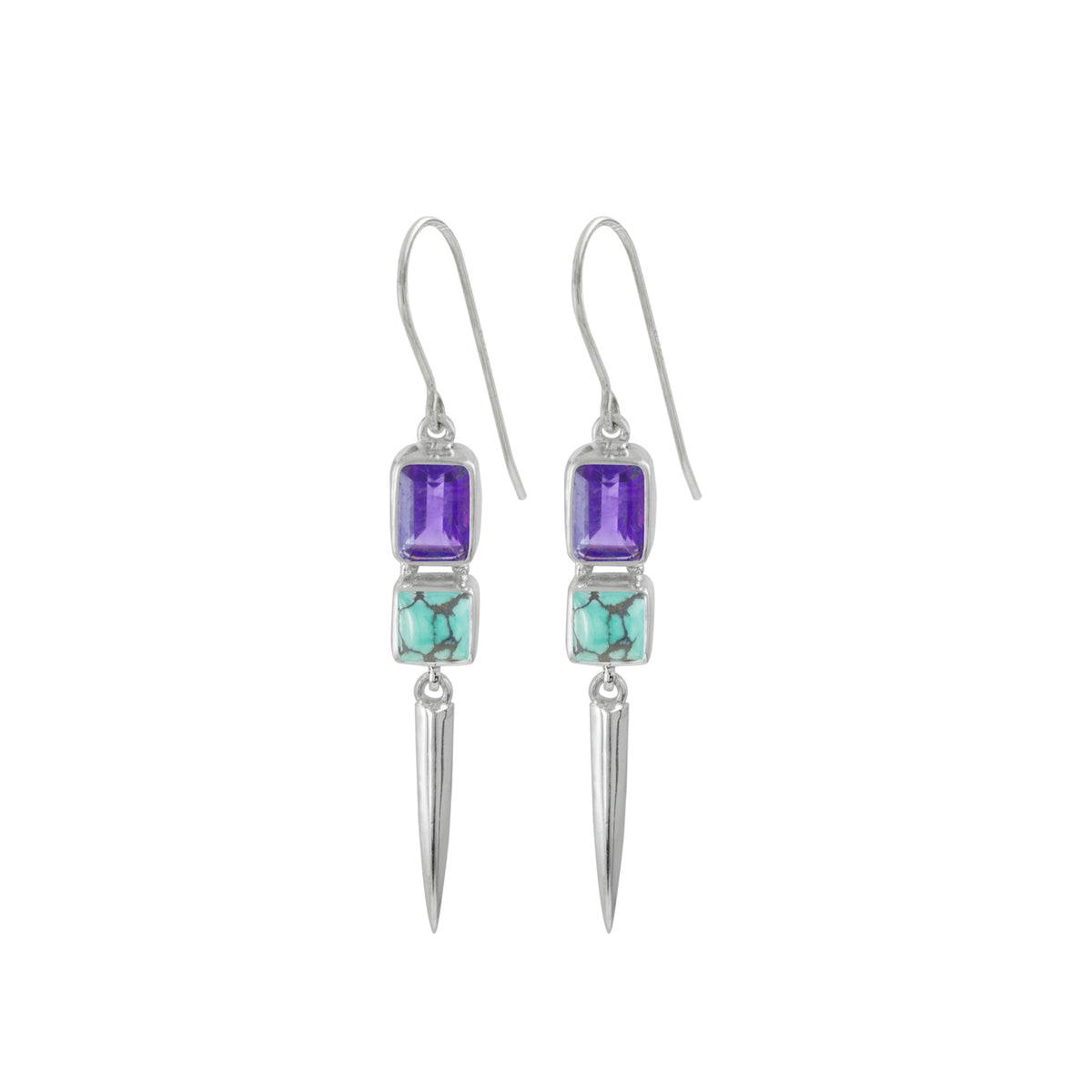 Sterling Silver Earring With Amethyst Revtangle, Turquoise Square