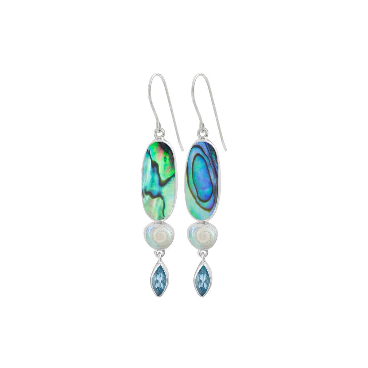 Sterling Silver Earring With Shell Malabar Turbos, Paua Oval, Blue Topaz Marquoise Facet