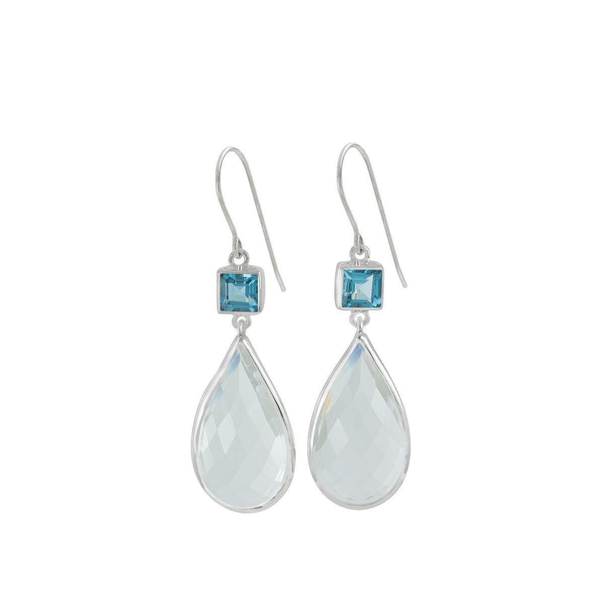 Sterling Silver Earring With Blue Topaz Square, Crystal Quartz Drop