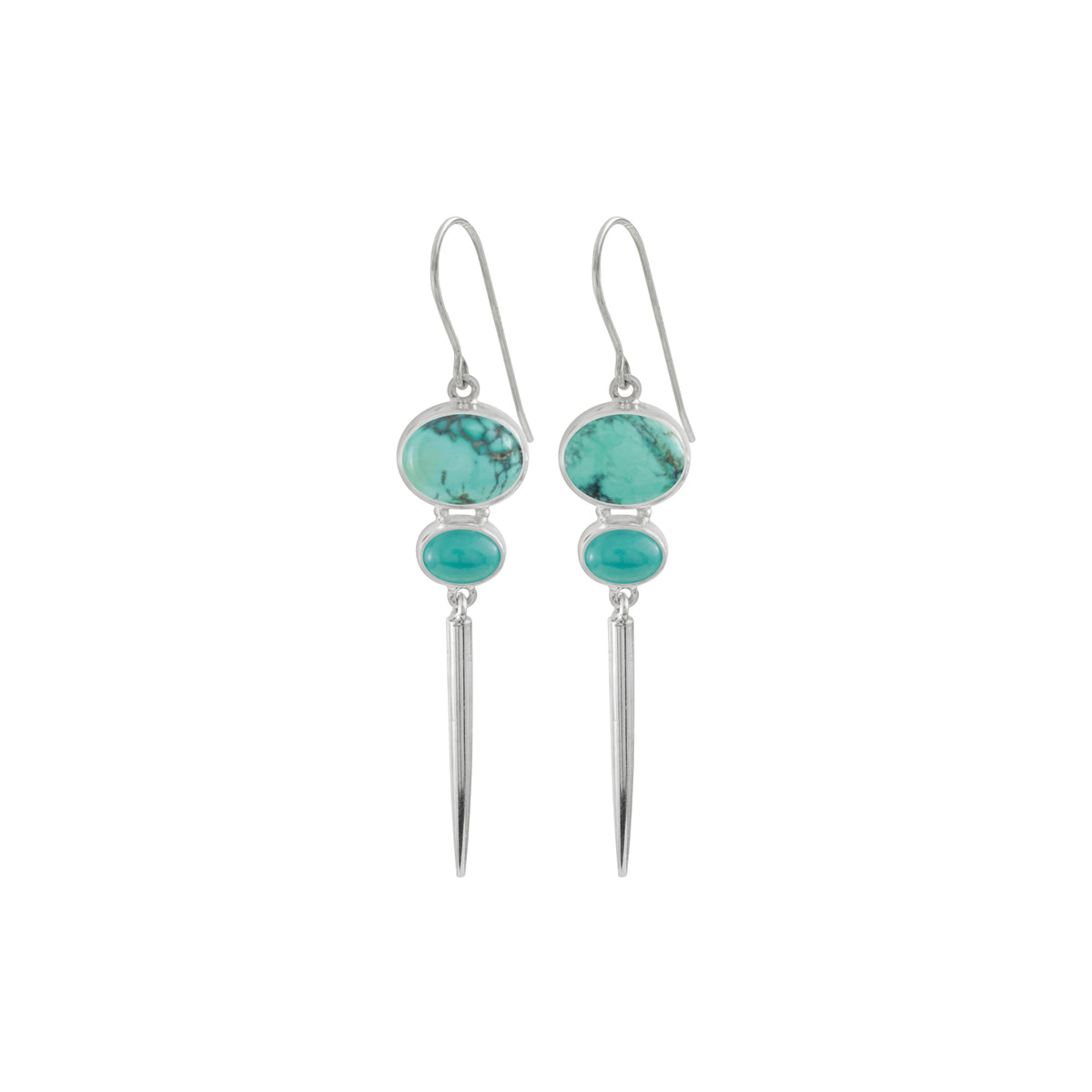 Sterling Silver Earring With 2 Turquoise Oval, And Silver Drop