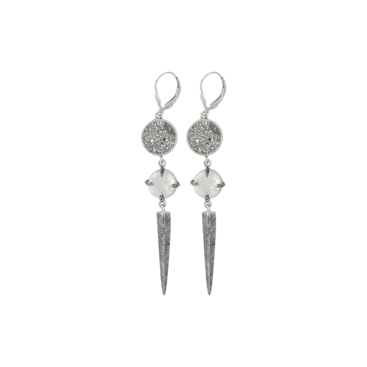 Sterling Silver Earring With Druzy Silver Roungd, Pearl Coin