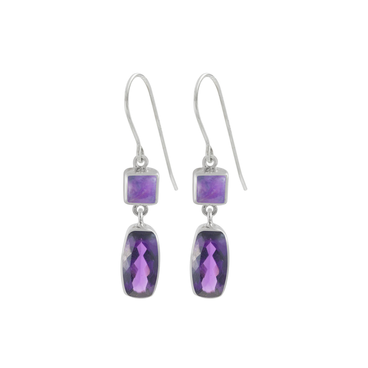 Sterling Silver Earring With Sugilate Square And Amethyst Cushion Facet