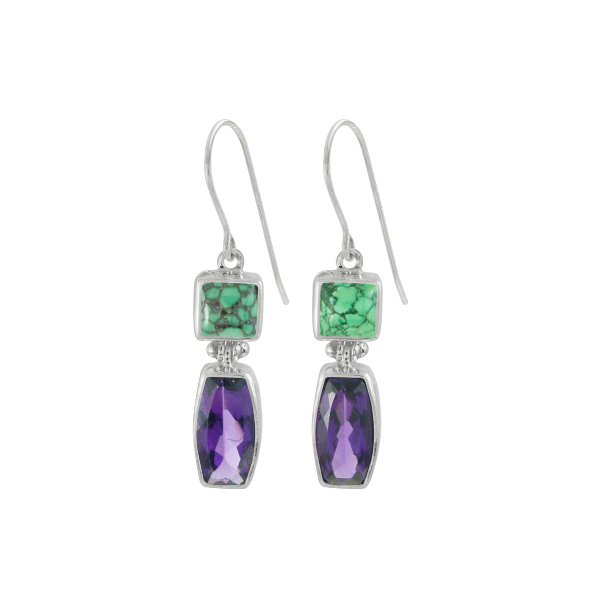 Sterling Silver Earring With Turqouise Square, Amethyst Rectangle Cushion Facet