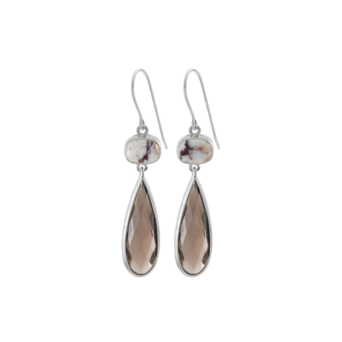 Sterling Silver Earring With Iron Stone Rectangle Cushion, Smokey Pear Briolette