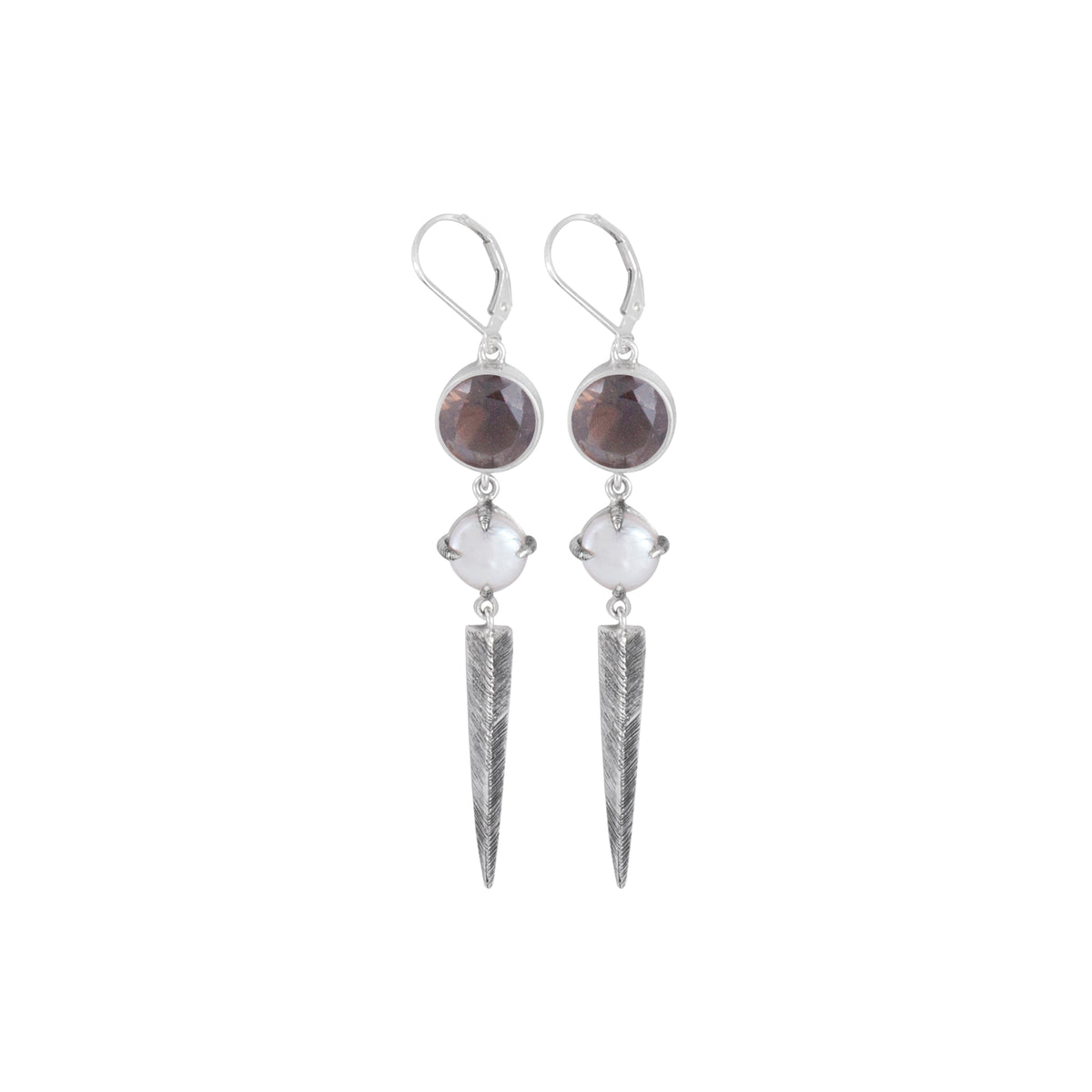 Sterling Silver Earring With Smokey Quartz Round Facet, Pearl