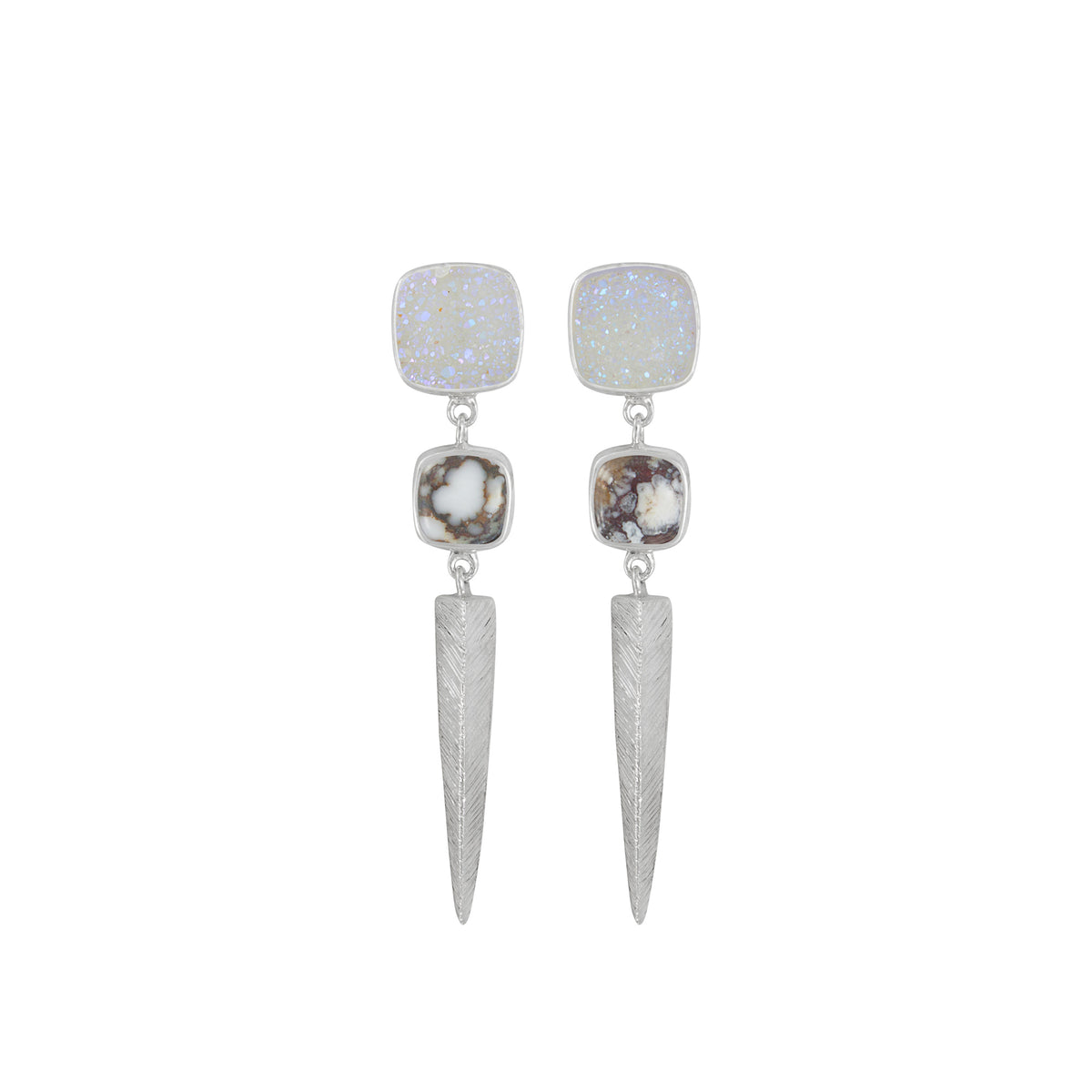 Sterling Silver Earring With Druzy Opal Square, Iron Stone Round