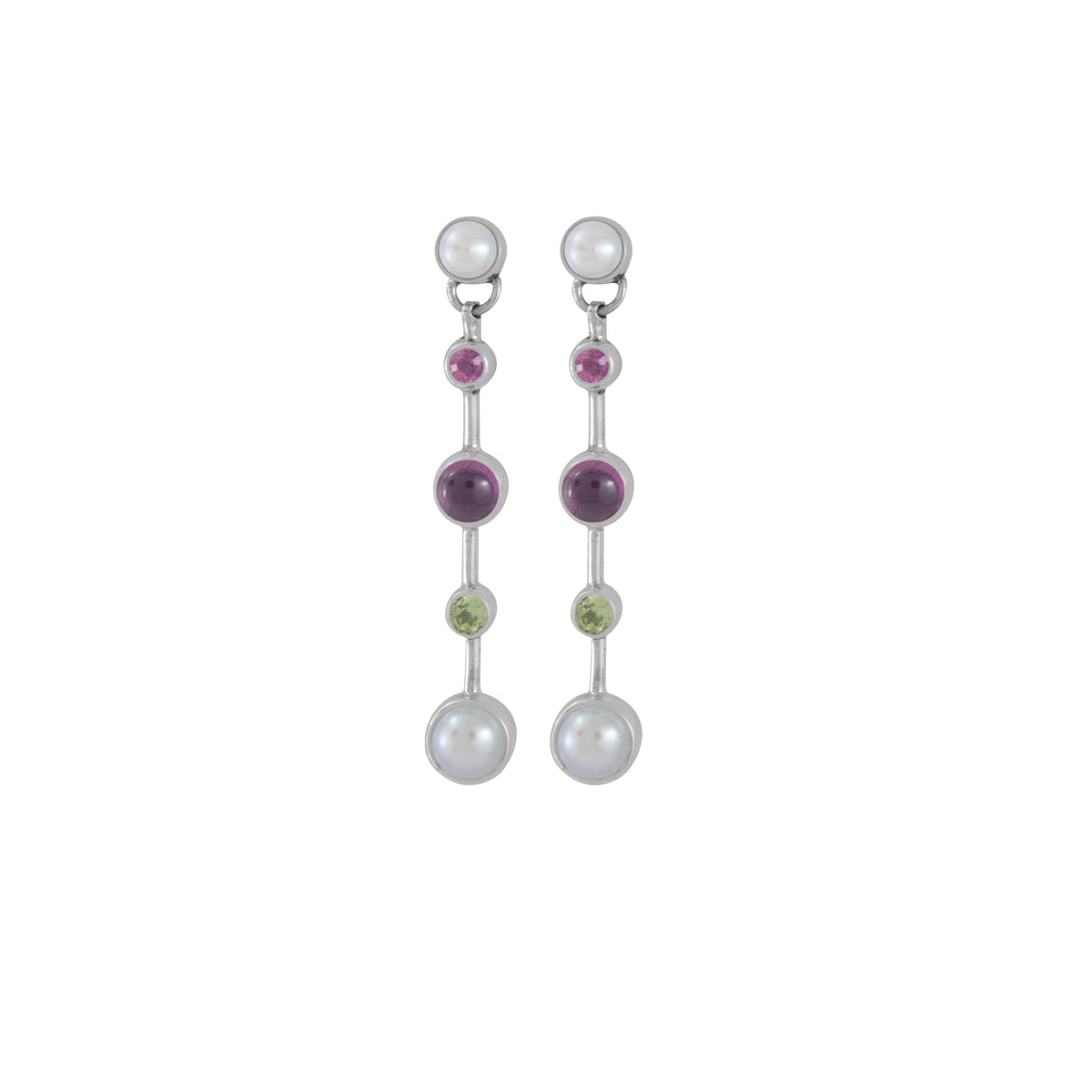 Sterling Silver Earring With Multi Color Round Stone Stick Drop