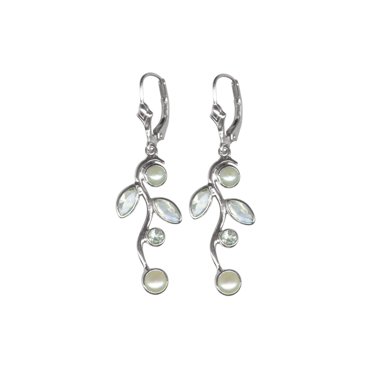 Sterling Silver Earring With Pearl Drop, Branch Leaf With Rainmoon, Pearl Stone