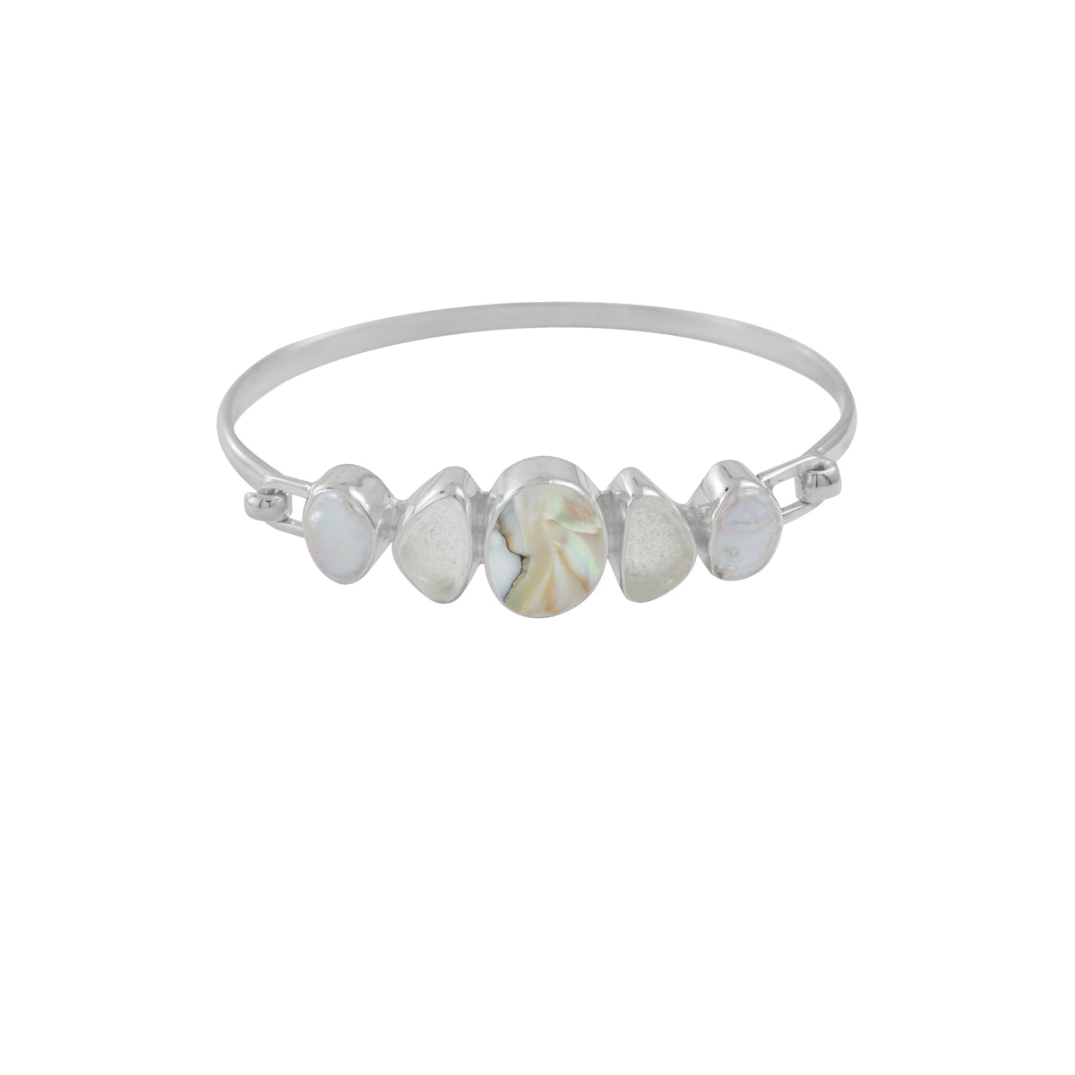 Sterling Silver Bracelet With Shell Nautilas Oval, Sea Glass White, Pearl Keishi