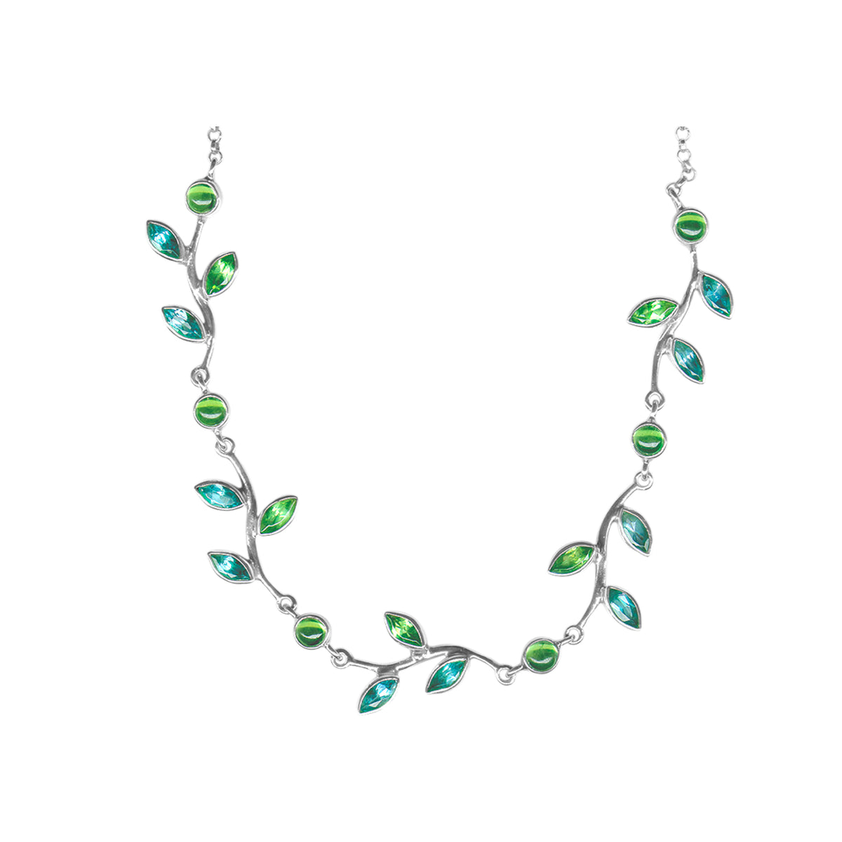 Sterling Silver Branch Leaf Collection Necklace With Round And Marquoise Stone, Chain
