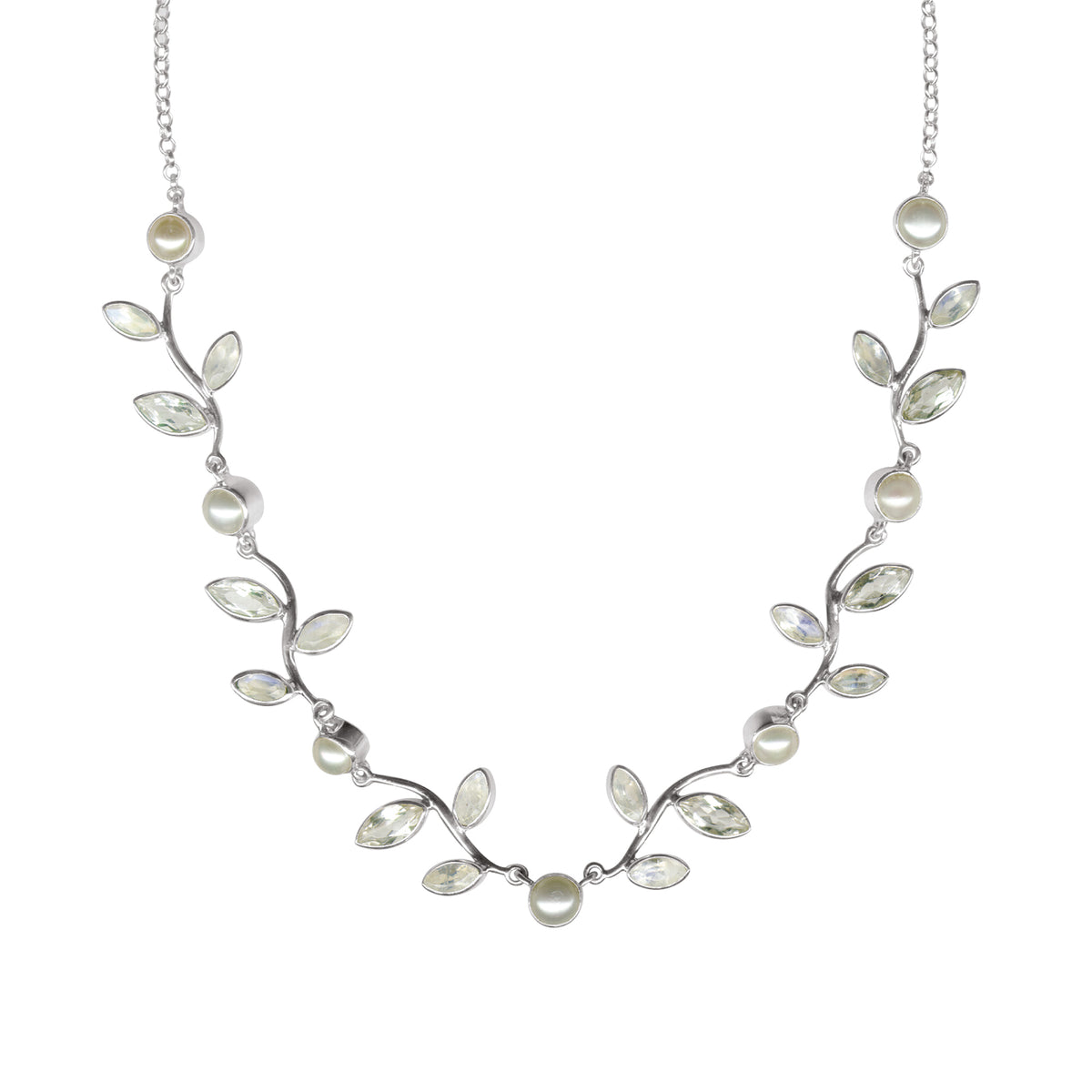 Sterling Silver Branch Leaf Collection Necklace With Round And Marquoise Stone, Chain