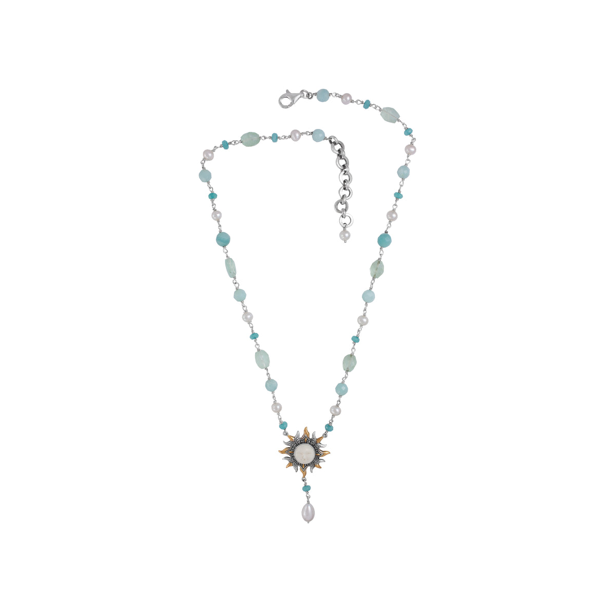 Silver Necklace Sun Collection Bone Face With Amozonite, Pearl Bead Chain
