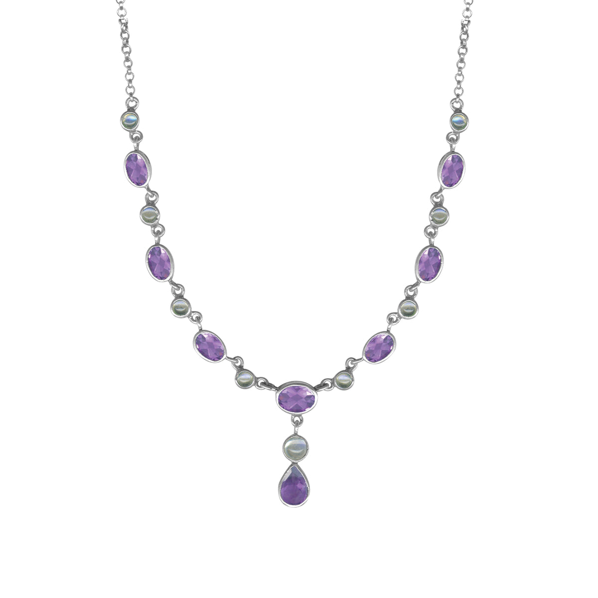 Sterling Silver Necklace Princess Collection With Round, Oval Stone Connected With Chain