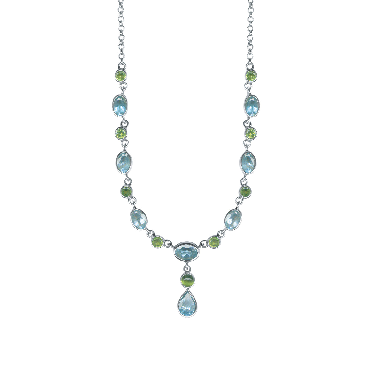 Sterling Silver Necklace Princess Collection With Round, Oval Stone Connected With Chain