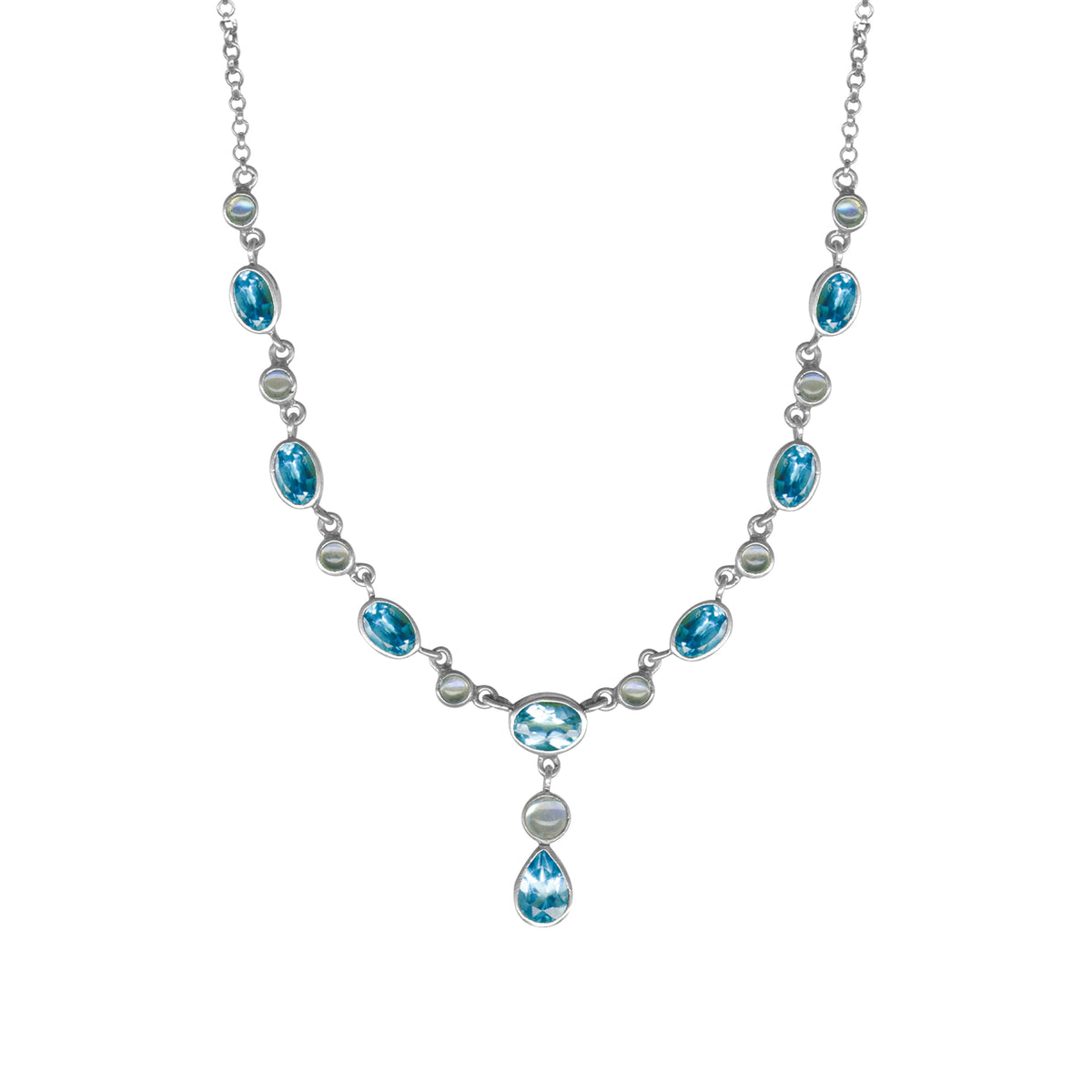 Sterling Silver Necklace Princess Collection With Round, Oval Stone Connected With Chain