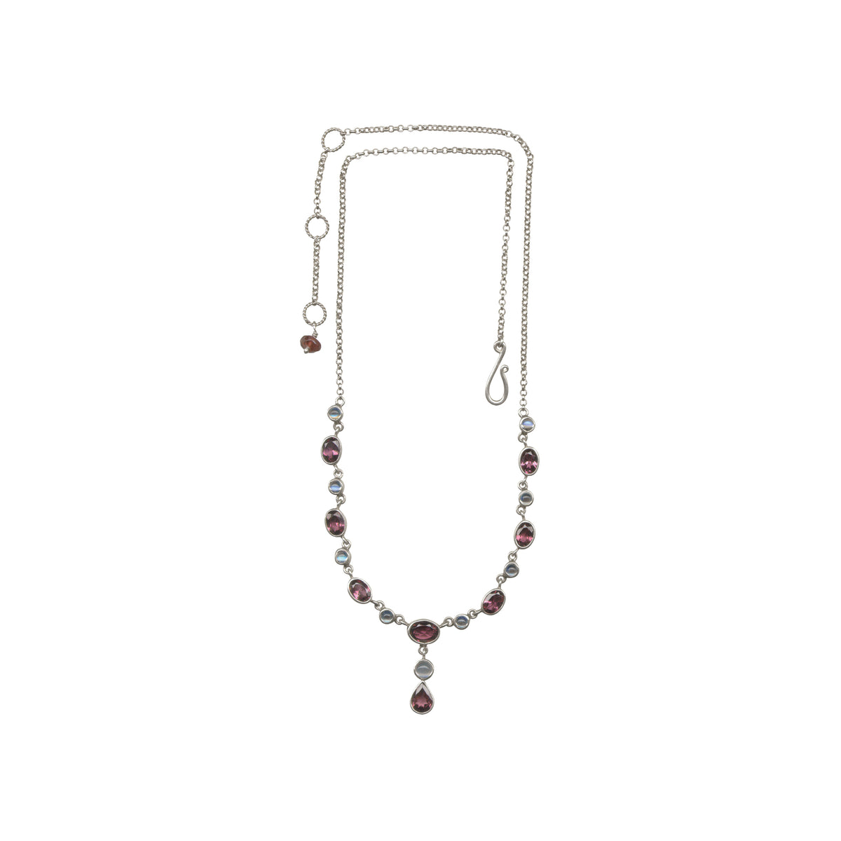 Sterling Silver Necklace Princess Collection With Round, Oval Stone Connected With Chain