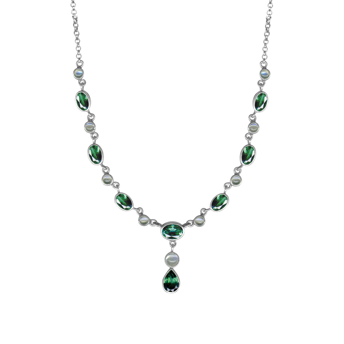 Sterling Silver Necklace Princess Collection With Round, Oval Stone Connected With Chain