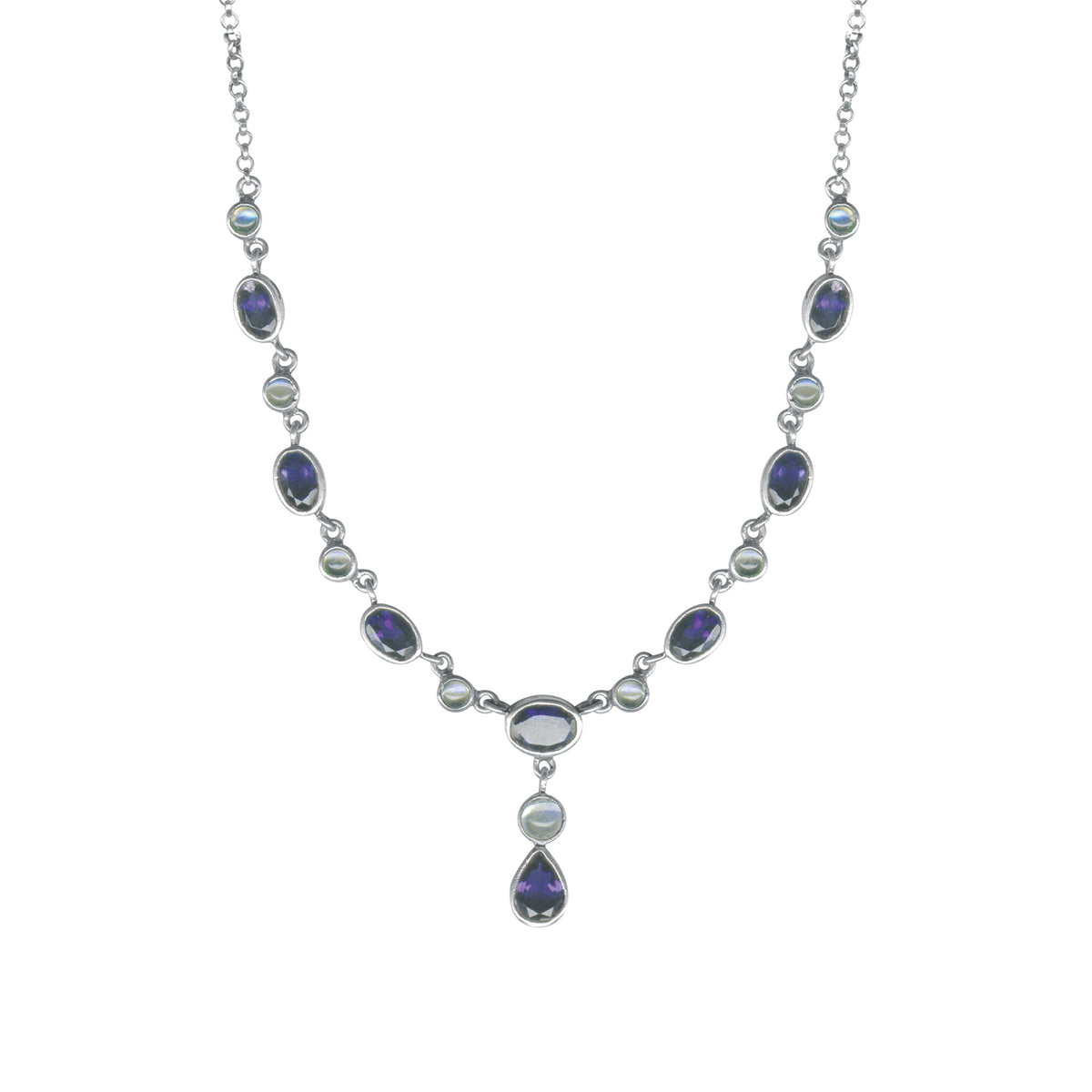 Sterling Silver Necklace Princess Collection With Round, Oval Stone Connected With Chain